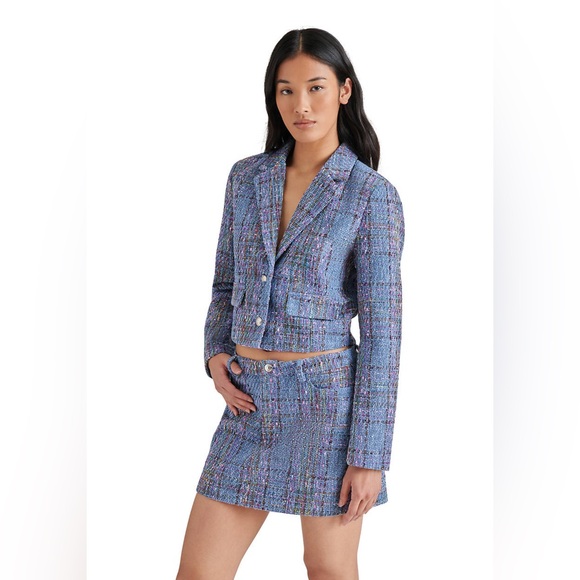 Steve Madden Seraphine Blazer in Blue Multi Blue Tweed Jacket Size L NWT - Picture 2 of 9
